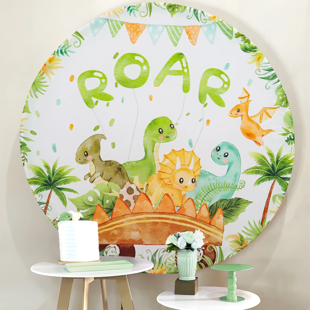 Round Birthday Party Backdrops Unicorn Dinosaur Flamingo Farm Animal Birthday Party Decor Baby Shower Circle Photo Background