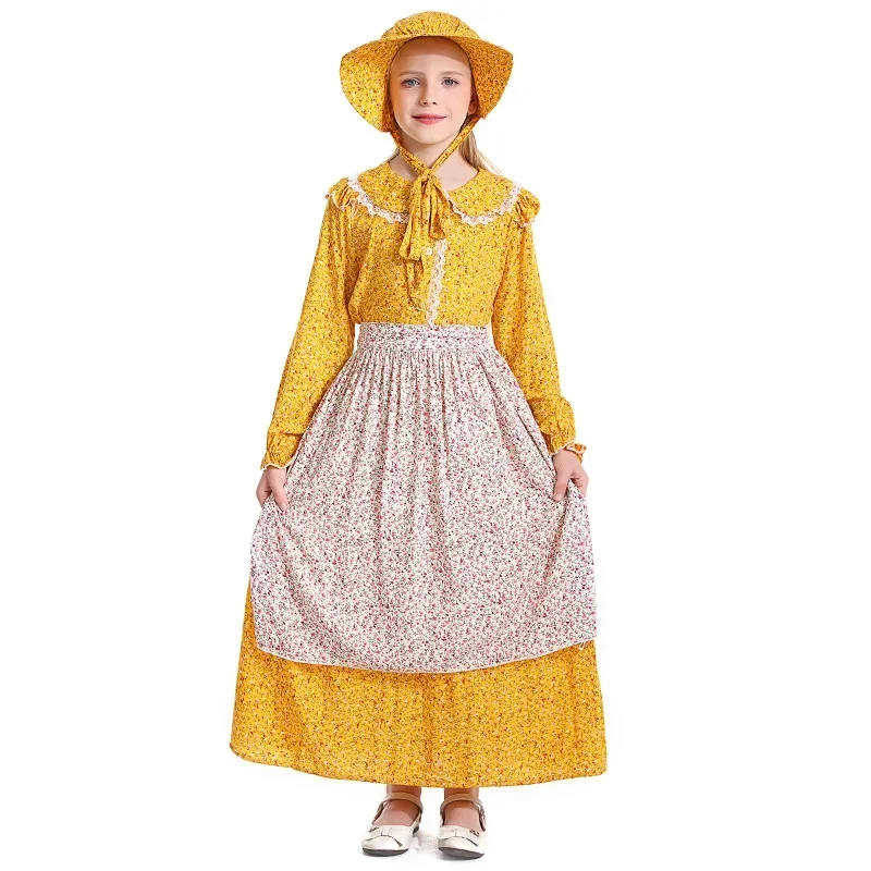 Children's Yellow Floral Colonial Girl Rural Dress Stage Costume