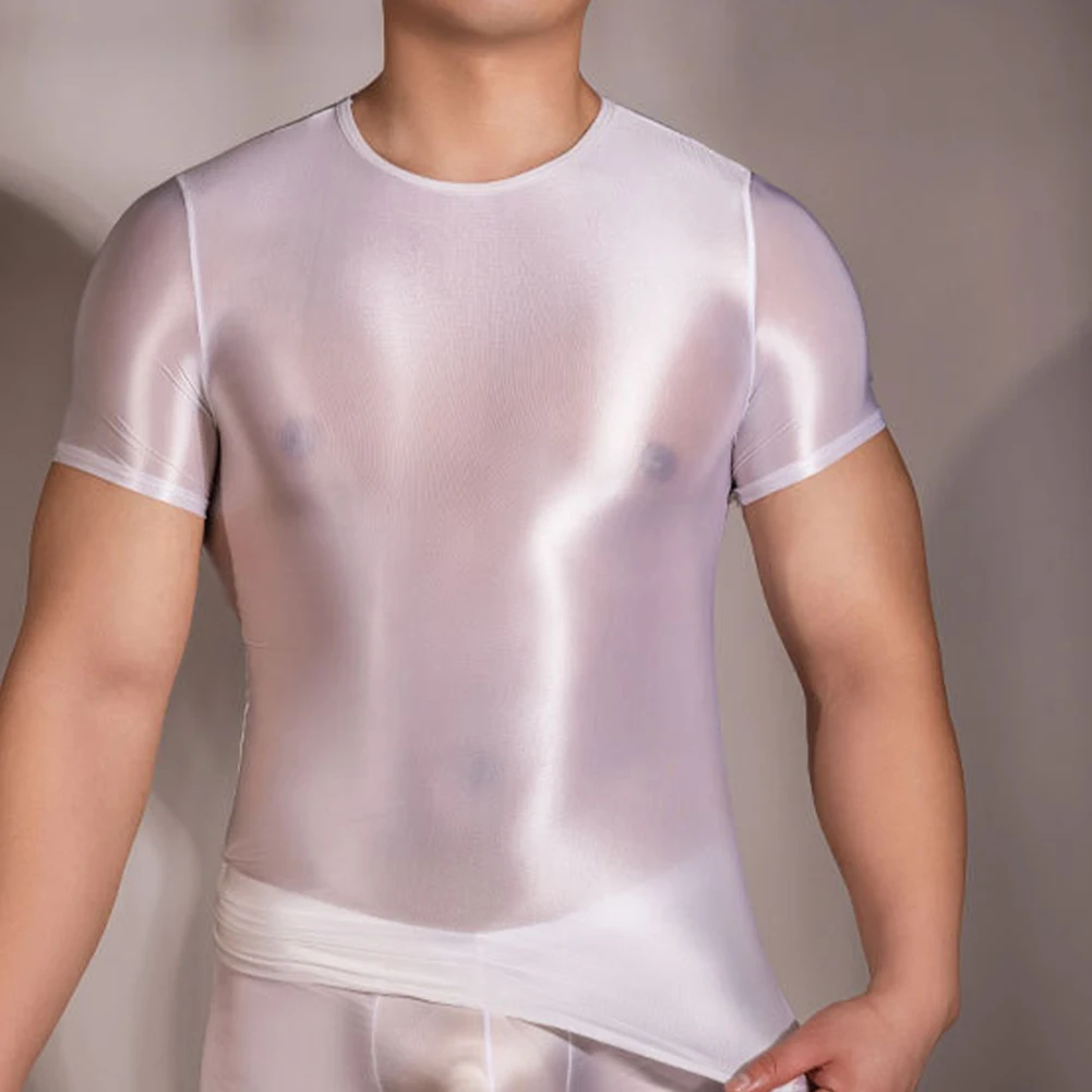 

Sexy Mens Shiny Short Sleeve T-Shirt Nightwear Sexy Sheer See-Through Clubwear Tops Solid Tight Transparent Oil Glossy Garment