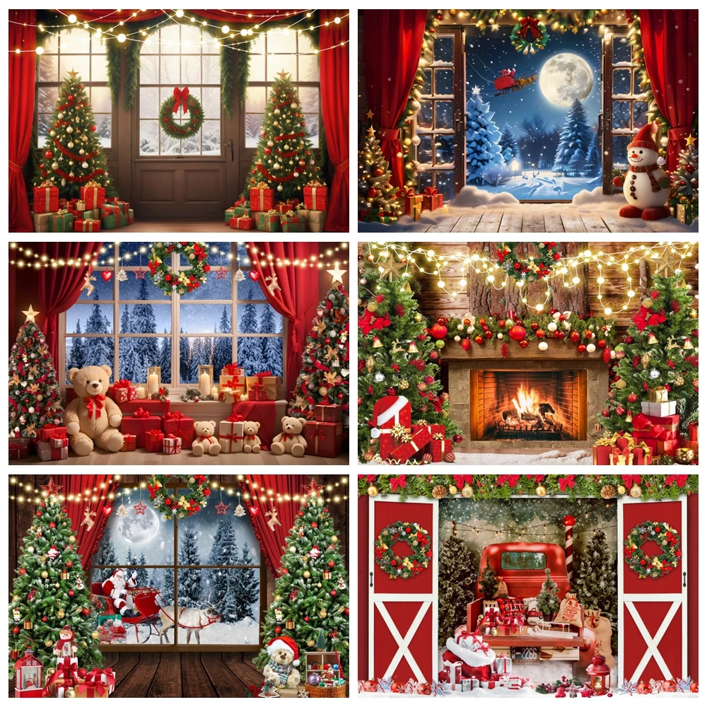 Christmas Photography Backdrop Xmas Tree Fireplace Wooden Window Baby Bear Gift Kids Party Decoration Background Photozone Props