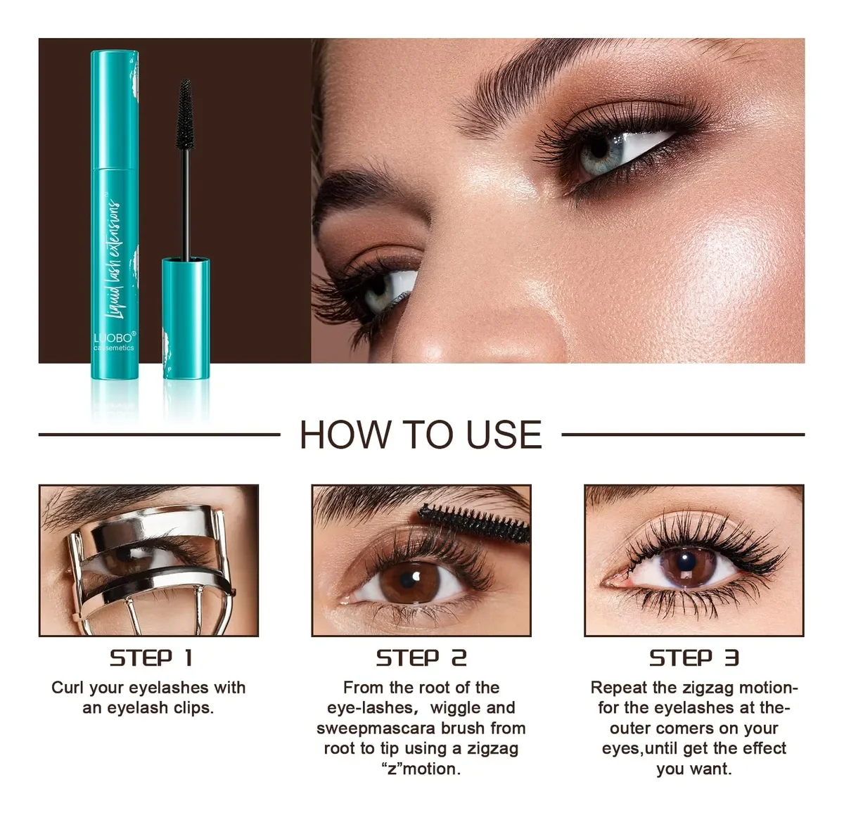 มาสคาร่าต่อขนตาแบบน้ำ, มาสคาร่าแบบทิวบ์ ช่วยเพิ่มความยาว, เพิ่มวอลลุ่ม และงอนงาม, ไม่เลอะ, ล้างออกได้, ไม่จับตัวเป็นก้อน