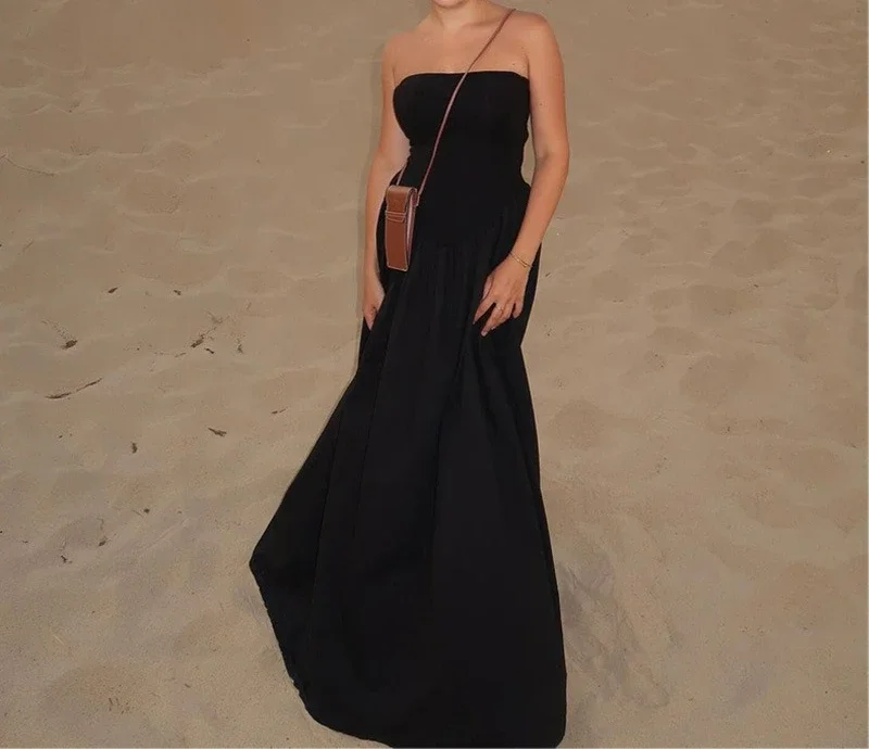 

2025 Women's Summer New Fashion Sexy One Piece Street Style Loose Long Elegant Solid Color Dress