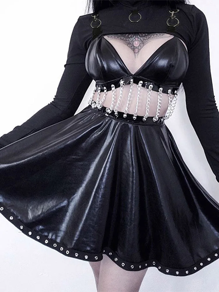 T-shirt da donna dolcevita hot top T-shirt sexy hip-hop gotica micro corta catena di metallo pizzo trasparente maglia manica lunga