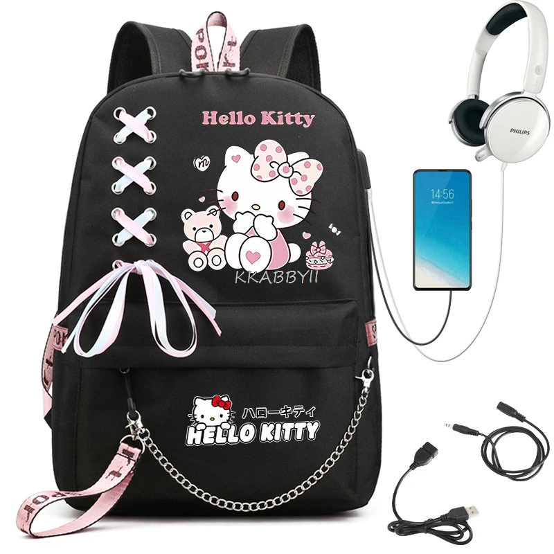 Hello Kitty Cosplay School Bags USB Charge Canvas Backpack School Bags For Teens Boy Girls Capacity Travel Mochila Birthday Gift