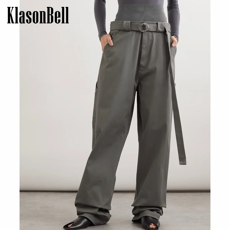 

7.26 KlasonBell Women Fashion Elastic Spliced Double Waist Casual Pants Sashes Decoration Straight Cotton Trousers