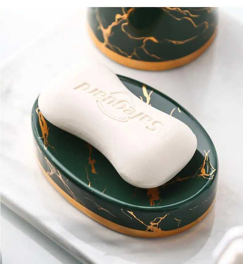 Golden Marble Bathroom Decoration Accessories Ceramic Toothbrush Holder Soap Dispenser Toothpaste Box