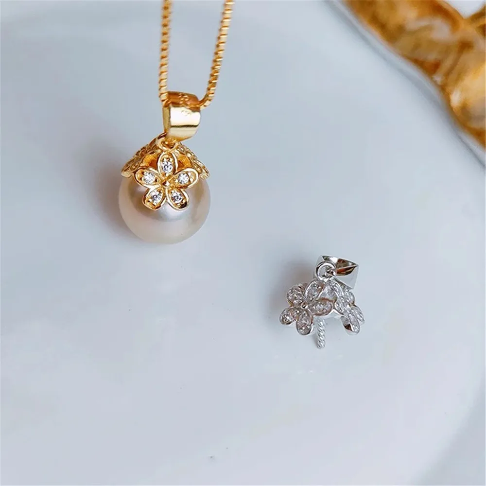 

DIY Pearl Accessories S925 Sterling Silver Pearl Jade Pendant Empty Small Flowers Fit 8-10mm Oval Beads D173