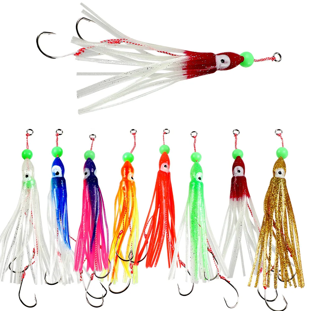 Señuelo de plantilla de calamar para pesca, 12cm, 10g, con doble gancho, falda de pulpo, cebo suave, señuelo de pesca de curricán, cebo de pesca en el mar