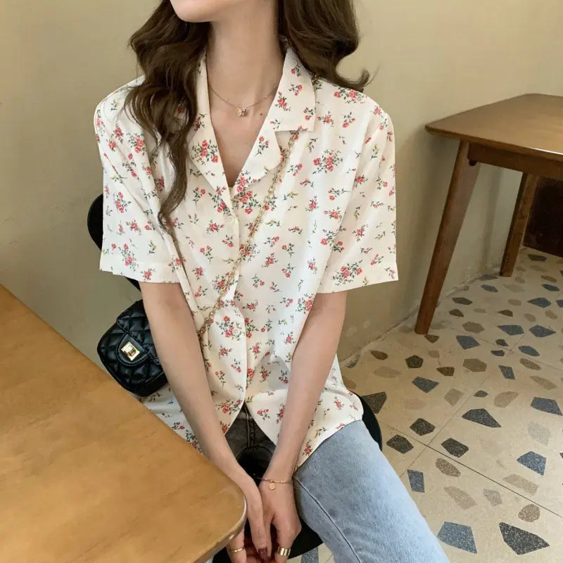 Summer Woman Clothes HongKong Retro Style Floral Printing Loose Fashion Thin Ins Chiffon Wild Youth Lively Bright Polo-neck Easy