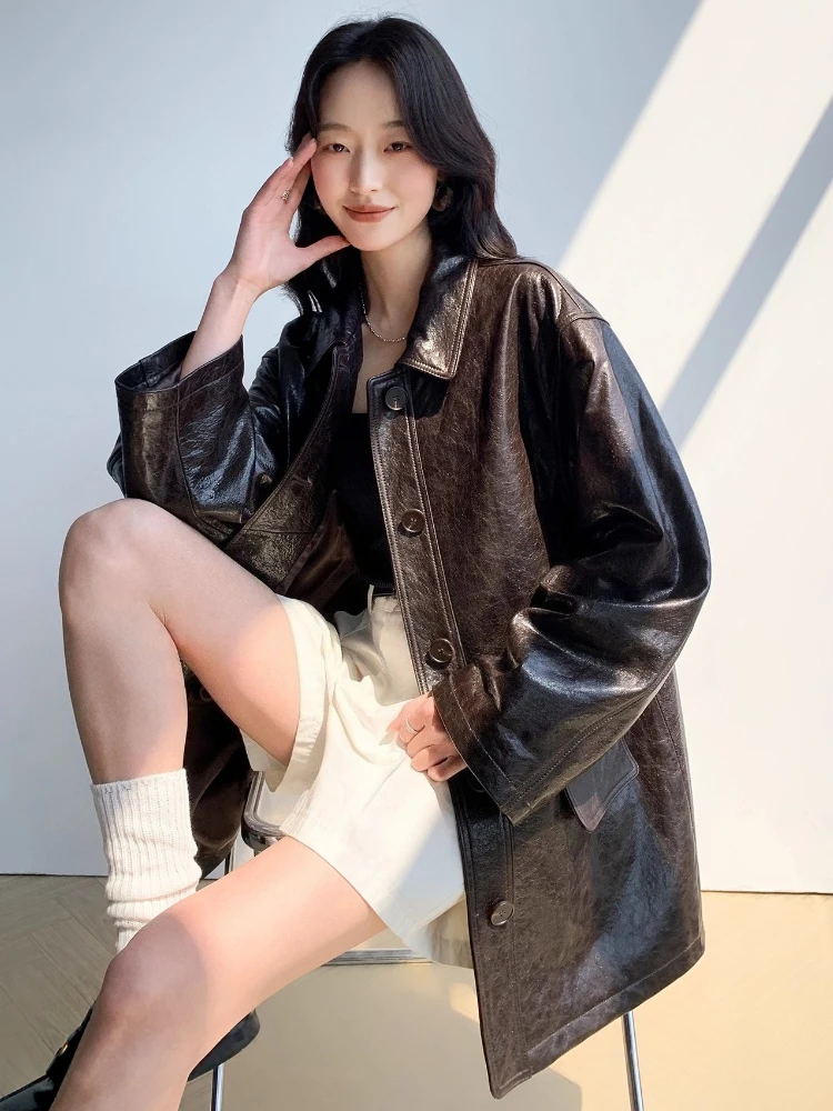 منتصف طول سترة واقية من الجلد الطبيعي سترات النساء الخريف الشتاء الراقية بسيطة فضفاضة الصلبة لينة النفط الشمع معطف جلد الغنم الحقيقي