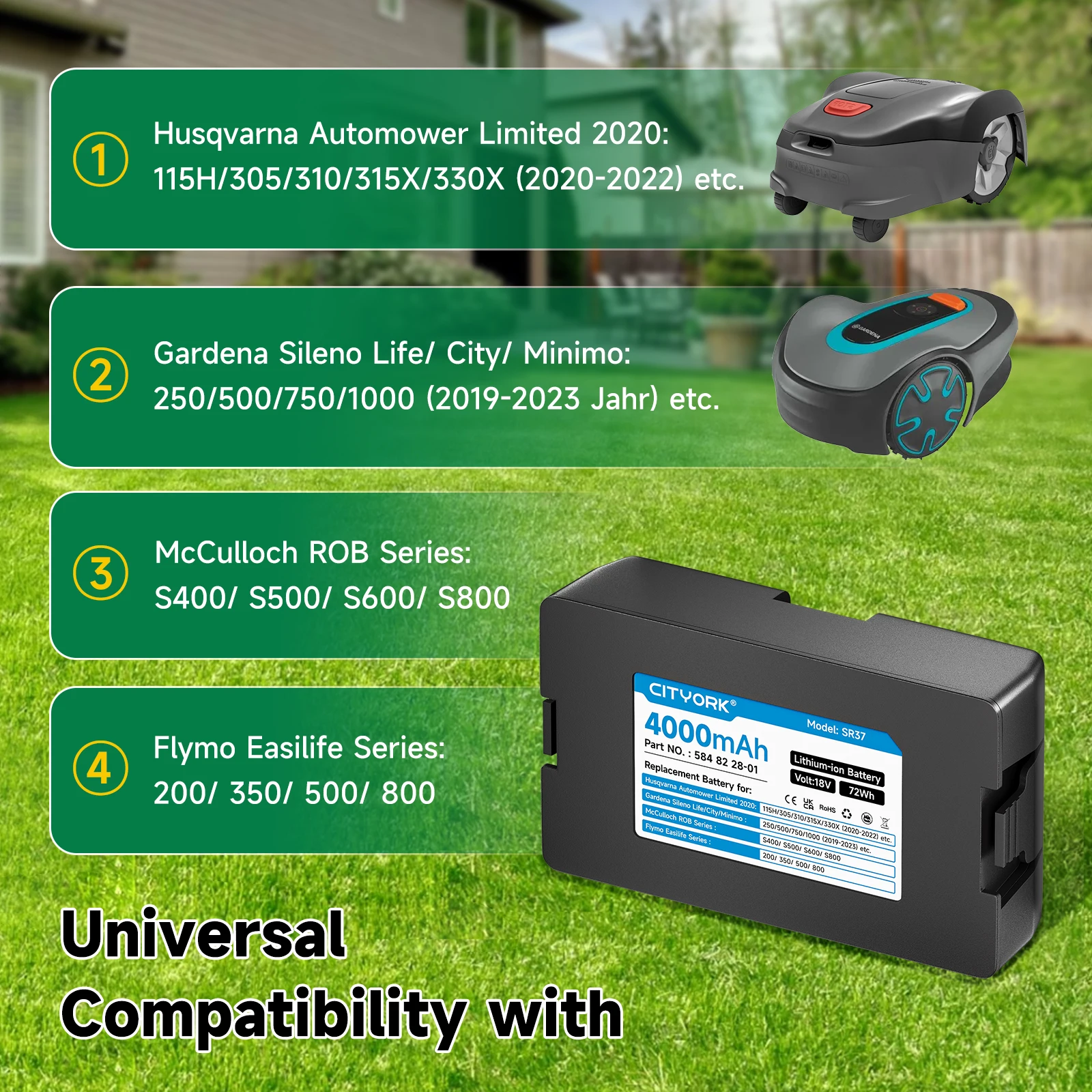 Battery for Gardena Sileno Life/City/Minimo 250/500/750/1000 (2019-2023) for Husqvarna Automower Limited 115H/305/310/315X/330X