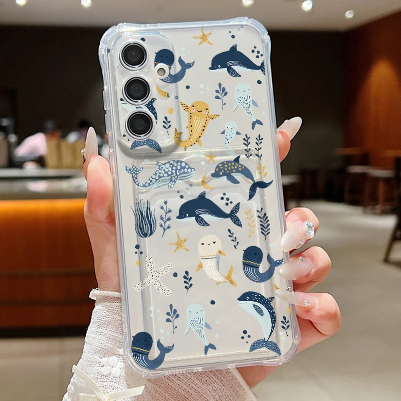 Little Whale Dolphin Print Phone Case For Samsung Galaxy A57 A37 A17 A56 A16 A55 A36 A26 A15 A35 A54 Clear Card Bag Wallet Cover