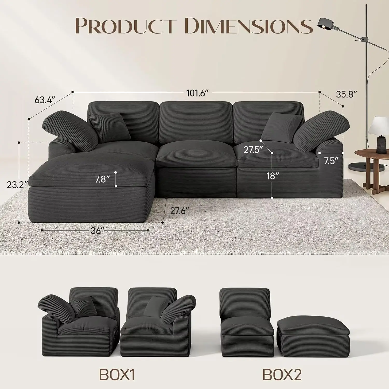 Cloud Sectional Sofa L Shape Modular Ottoman Convertible Corduroy Couch Apartment 4 Seater Boneless Comfy No-Assembly, Customize