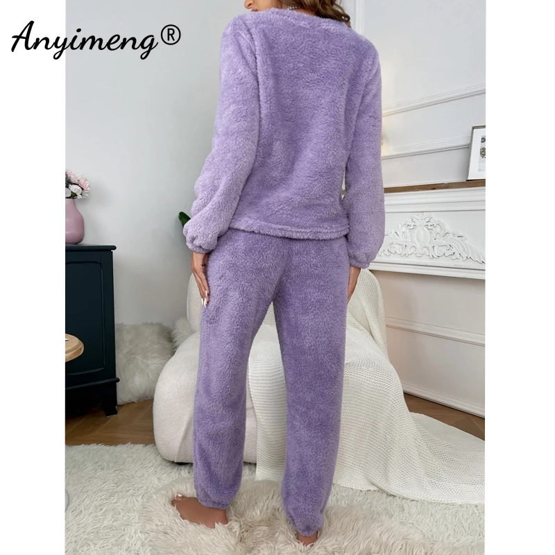 Lashes Sleepwear Fluffy Homewear Winter Woman Pajamas Set Pullover Casual Cozy Flannel Pijamas Cold Thermal Lady Lingerie Pyjama