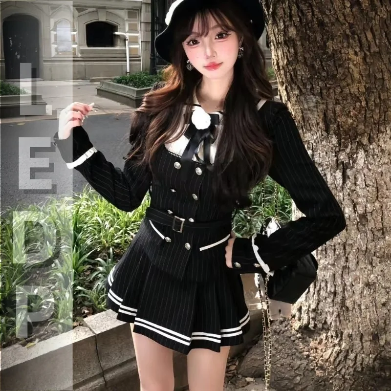 IMU Autumn Preppy Style Sweet Women 2 Piece Sets Vintage Dark Slim Striped Coat Tops Mini Pleated Skirt Suit Elegant Uniform Out