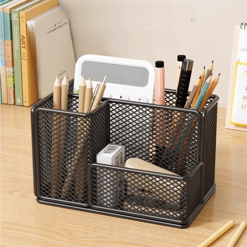 Metal Mesh Mesh Desk Organizer Carbon Steel 3 Compartments Desktop Pen Holder Space-Saving Easy Access Stationery Storage Rack