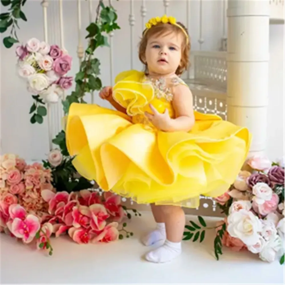 

Lovely Yellow Flower Girl Wedding Dress Appliques Sleeveless with Bow Baby First Communion Gown Kids Birthday Party Clothing