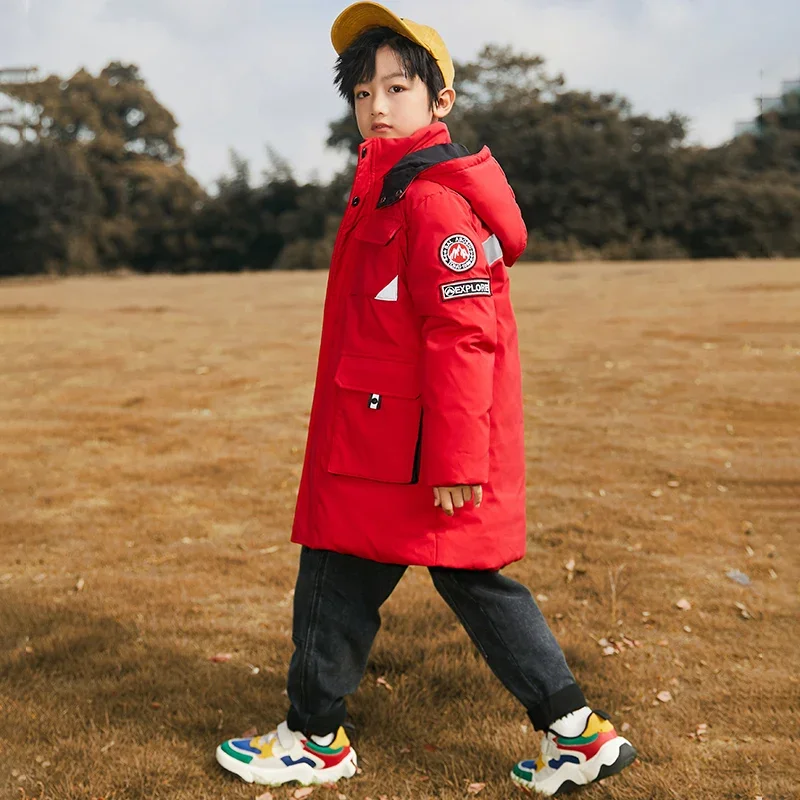 Boys Girls Kids Long Loose Thick White Duck Down Jacket Black,Red,Blue Baby Coat, Teenagers Hooded Padded Jacket Clothes Winter