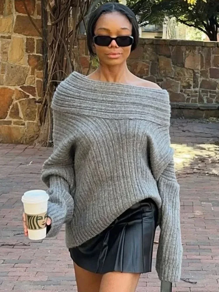 

HH женская однотонная уличная одежда ленивый ветер роса плечо вязаный свитер на одно плечо женский свободный тонкий пуловер с длинными рукавами топ