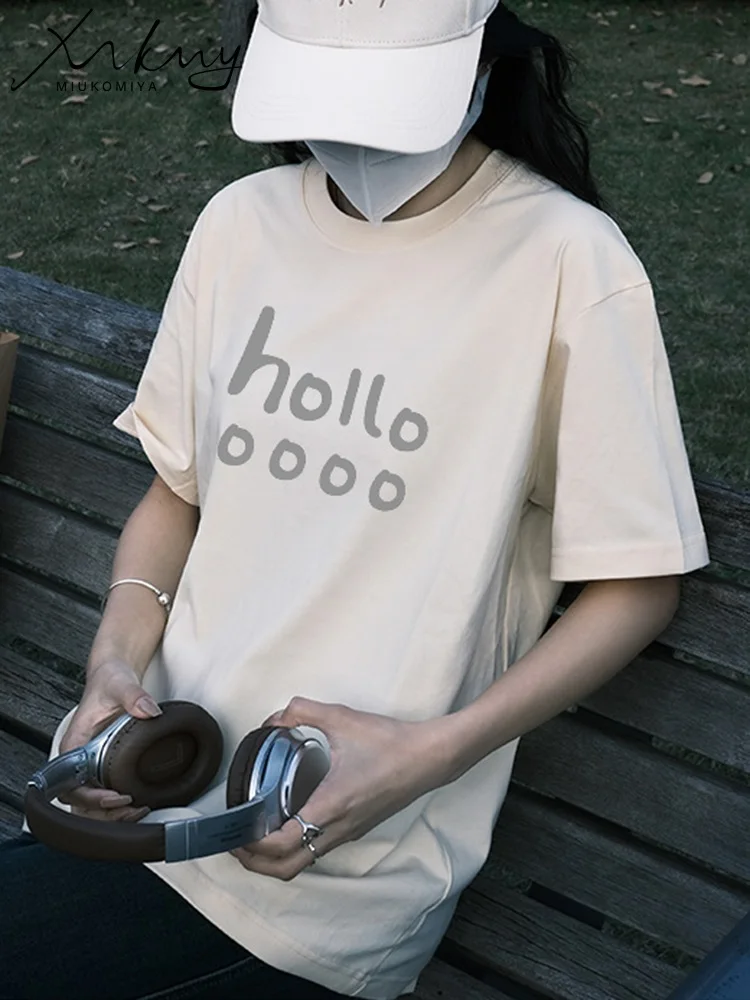 MiuKoMiYa Letter T Shirts Women Oversized Cotton Short Sleeve Tops White Basic Tshirts Boyfriend Letter Print Tees For Women