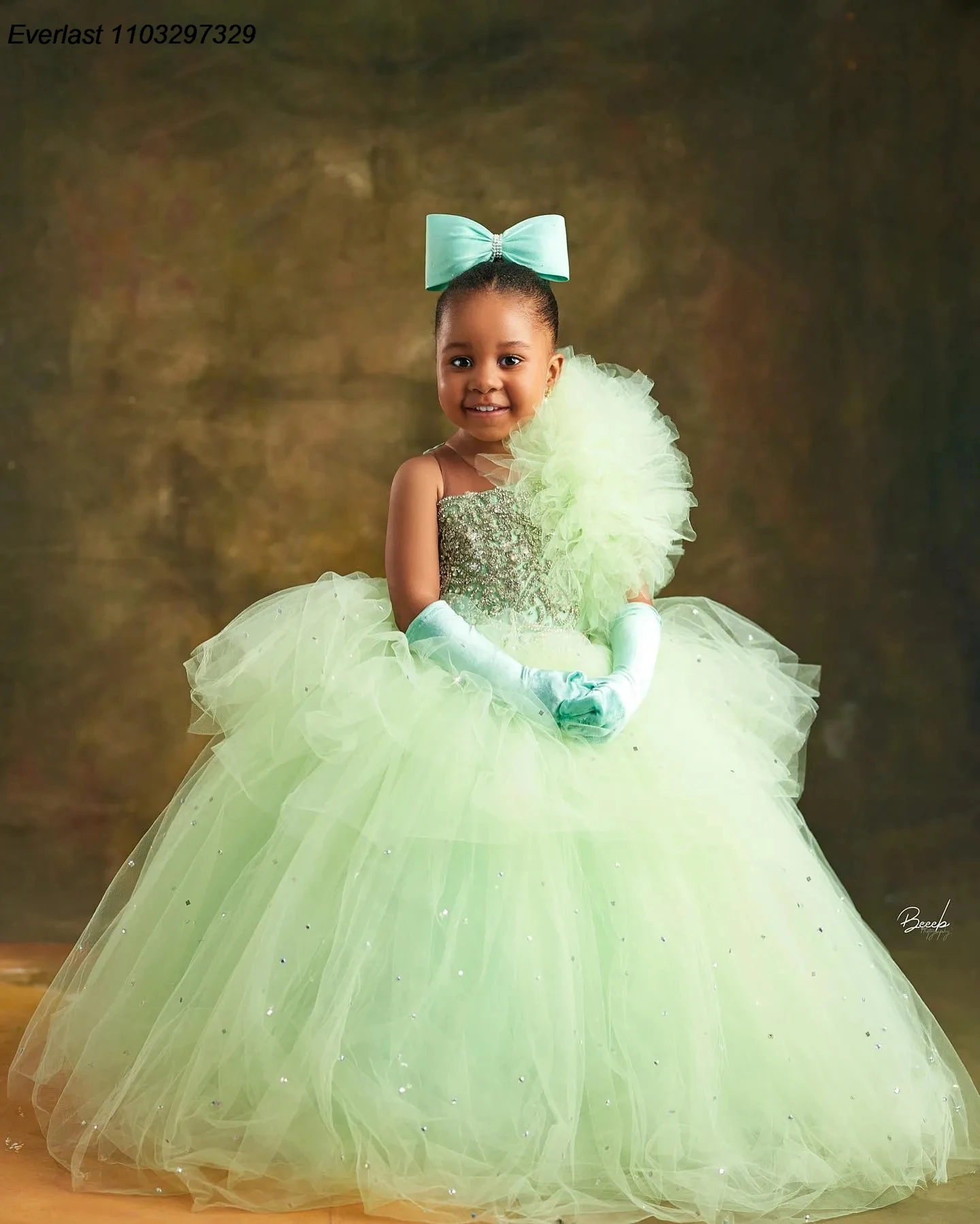 EVLAS Mint Crystals Flower Girl Dress Ball Gown Tulle Beaded Vintage Little Girl Pageant compleanno battesimo abiti TFD139