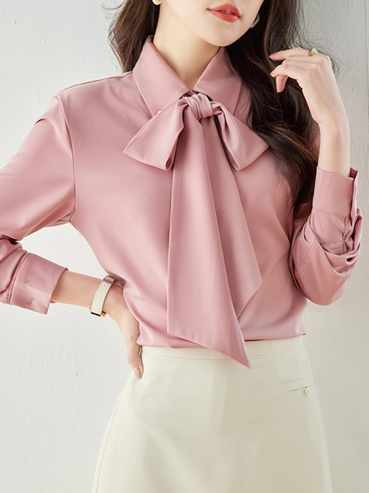 

Шелковая блузка с длинным рукавом для женщин, осенняя коллекция 2026, новая универсальная модель с эффектом похудения, топ с узлом, элегантная блузка для офиса