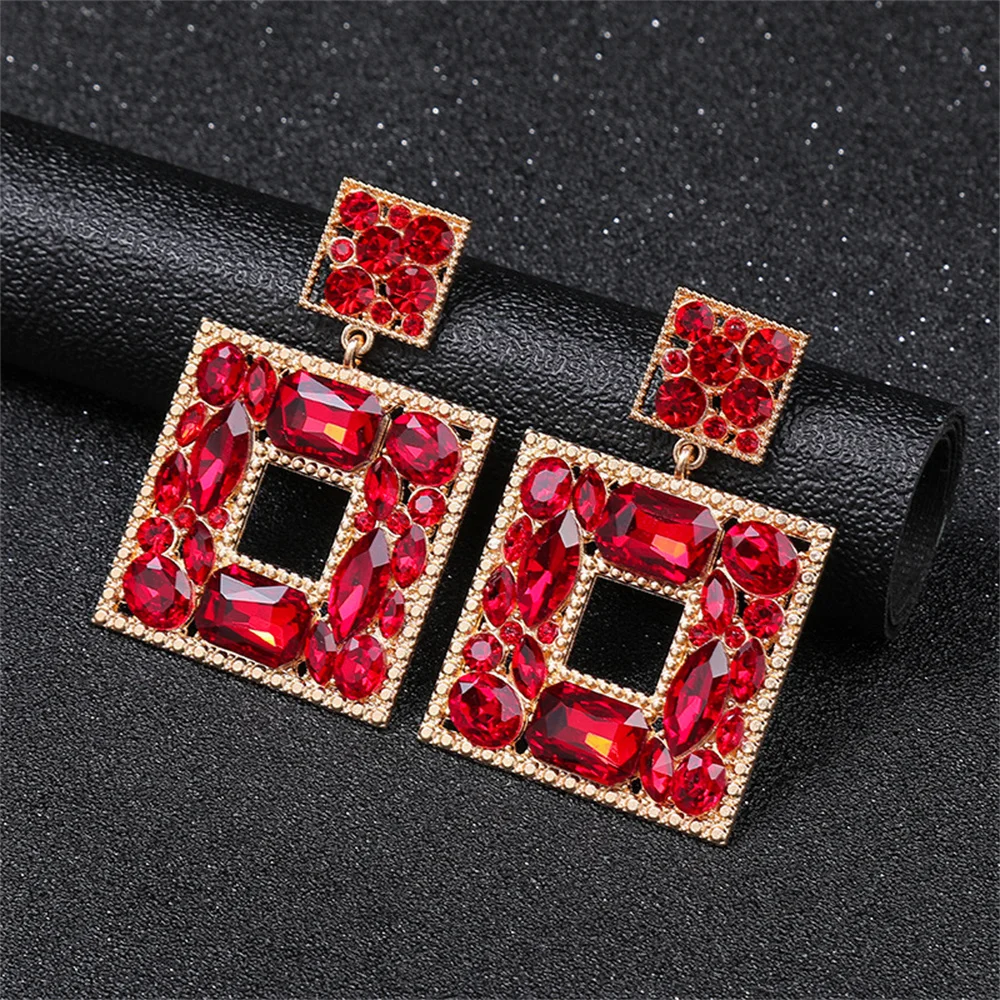 Luxury Colorful Crystal Gem Square Dangle Design Earring Exaggerated Woman\'s Jewelry Vintage Bridal Valentine\'s Earrings Gift