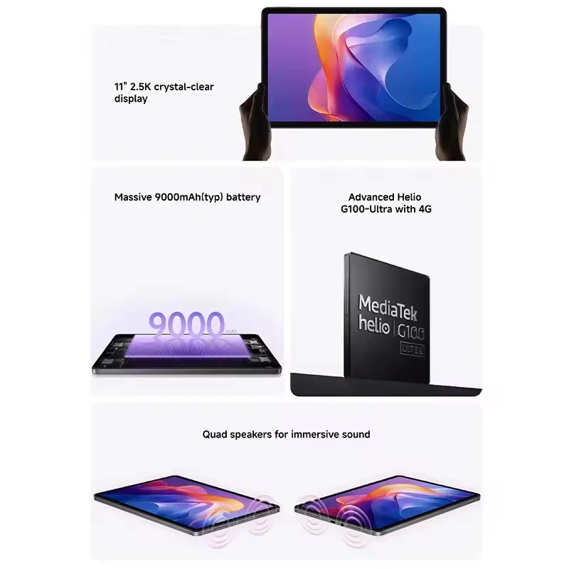 Xiaomi Redmi Pad 2 Wifi 11 "الإصدار العالمي 2.5K كريستال شفاف MediaTek Helio G100-Ultra Mi Tablet 90 هرتز 9000 مللي أمبير في الساعة