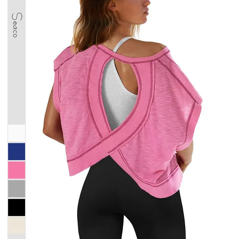 

Women's Breathable Sports Yoga T-irt Street Sle Loose Fit Polyester ort Sve Crew Ne Splice Color T-irt