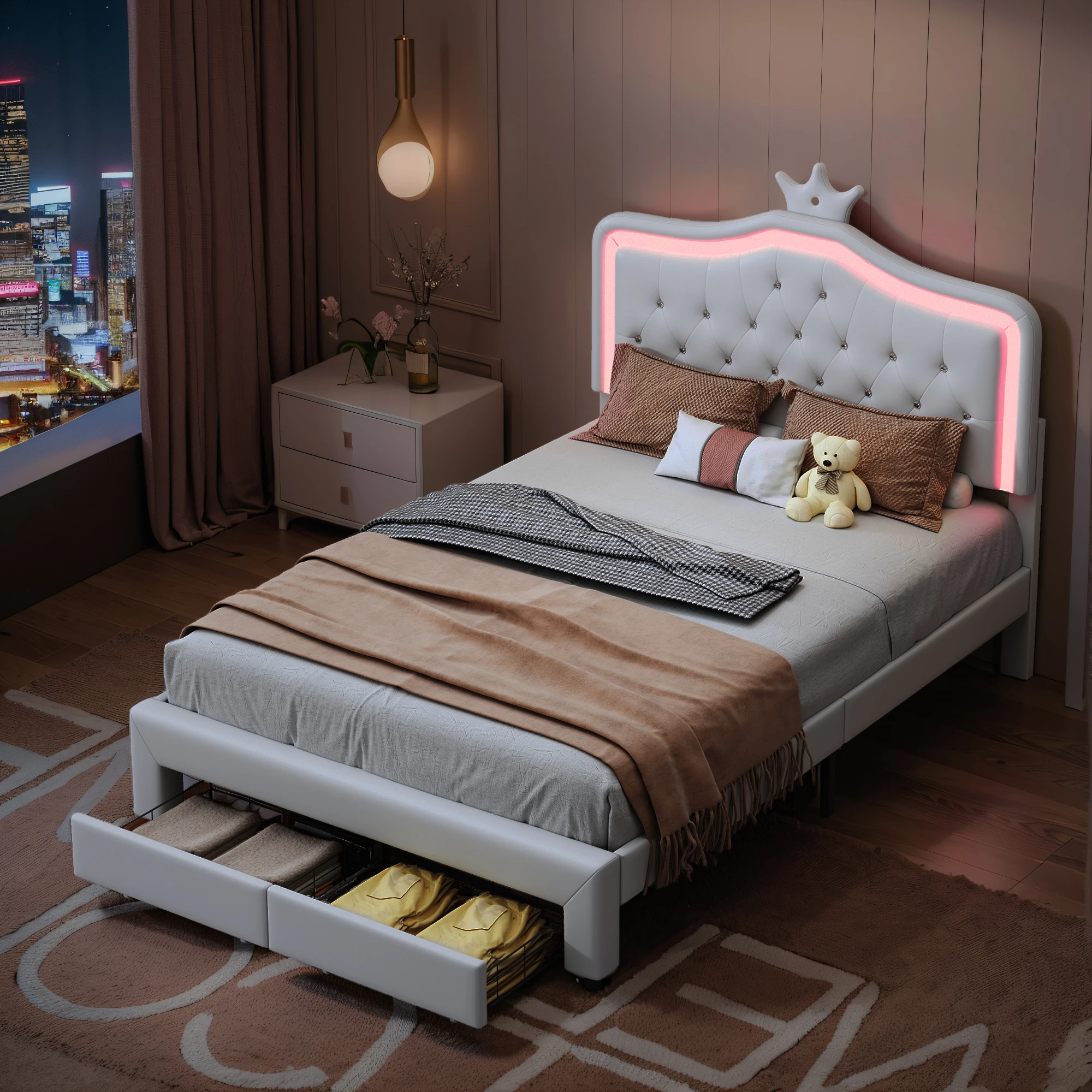 Upholstered Bed 140 x 200 cm with 2 Drawers, Crown Cot, LED Bed for Girls with Slatted Frame and Backrest, Bed Frame