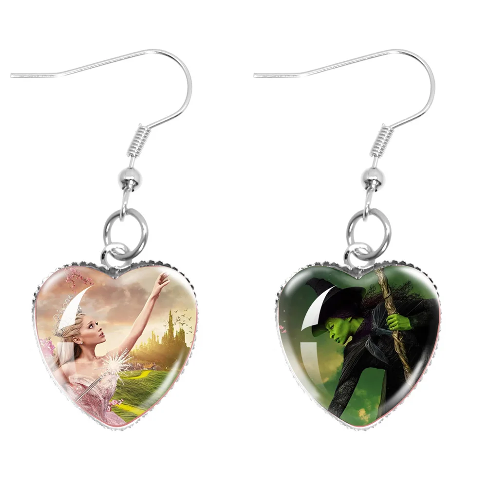 The Movie Wicked Elphaba&Linda Cosplay 20MM Glass Cabochon Peach Heart Ear Pendants Accessories Earring Jewelry Gift