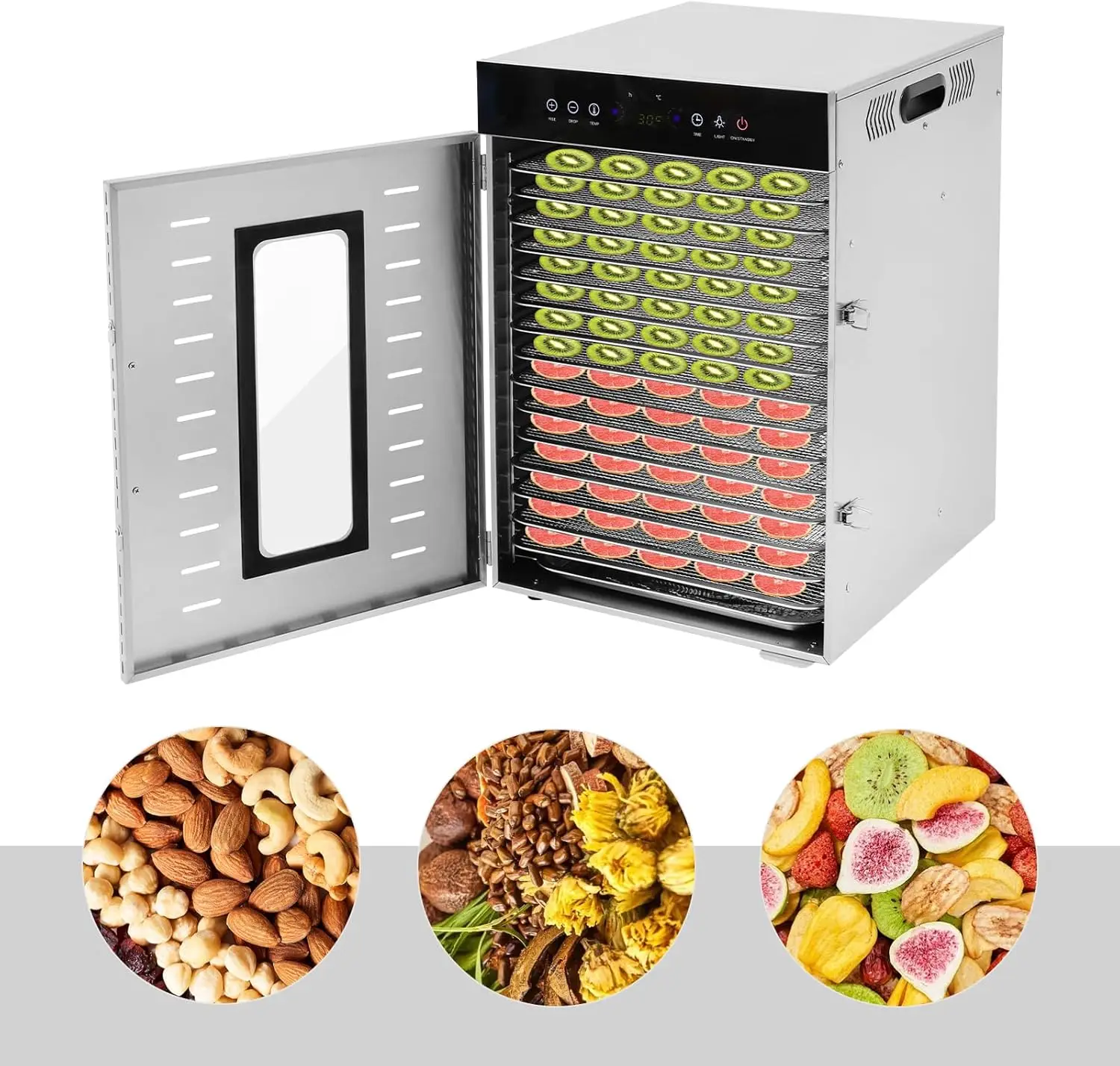 Deshidratador de Alimentos de Acero Inoxidable, 16 Bandejas, 30-90 ° Temporizador Ajustable de 0 a 24 Horas, 1350 W, para Secar Frutas, Verduras y Carne