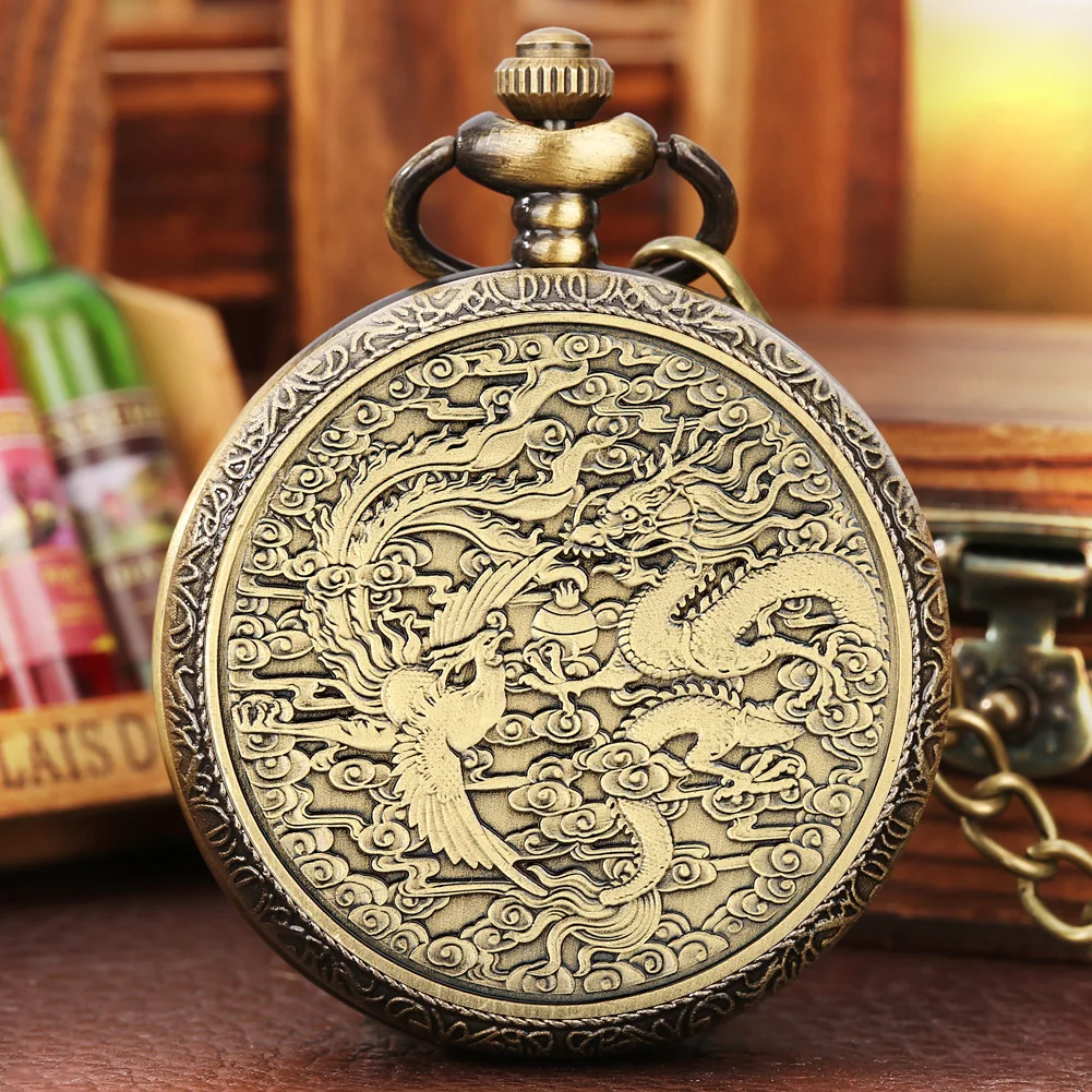 Retro Dragon and Phoenix Chengxiang Bronze Plated Coin Zodiac Animal Coins Metal Badge Quartz Pocket Watch Necklace Chain Clock