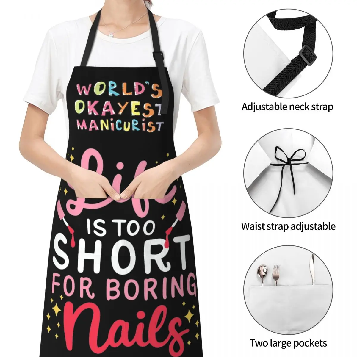 World's Okayest Manicurist Work Apron with 2 Pockets Stain Resistant Adjustable Nail Artist Gift Idea Apron for Manicure Women