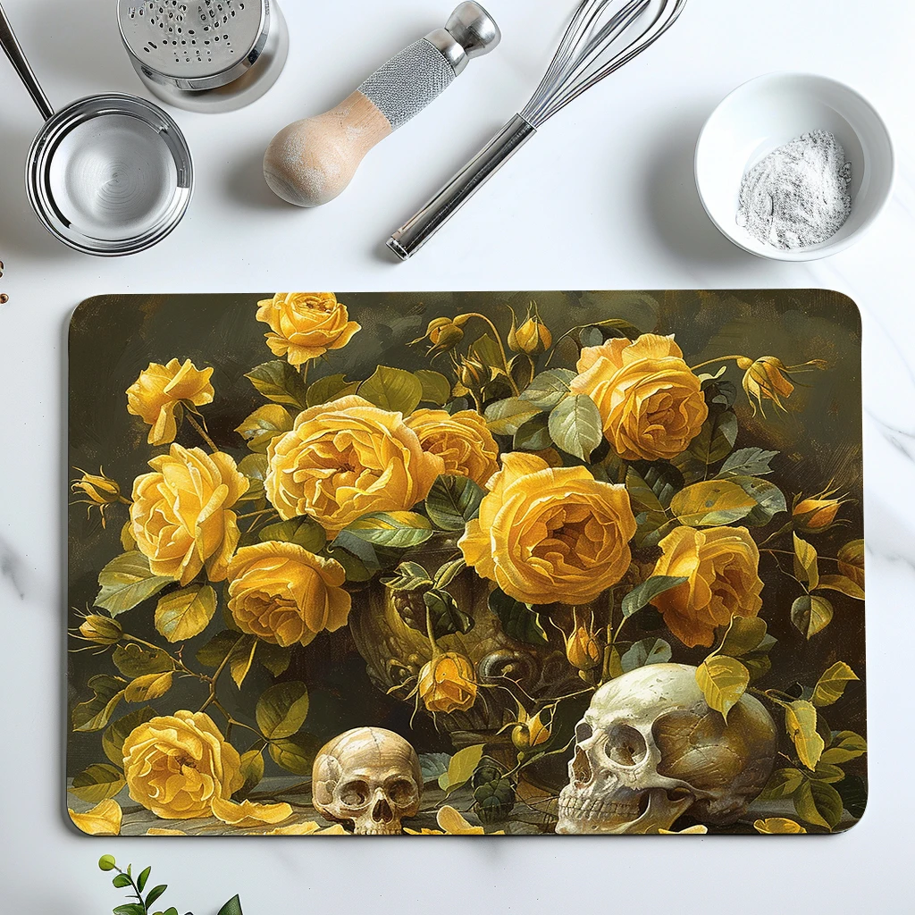 Coffee Mat Halloween Rose Absorbent Draining Dish Drying Mat Dry Bathroom Tableware Hide Stain Rubber Backed Absorbent Mat