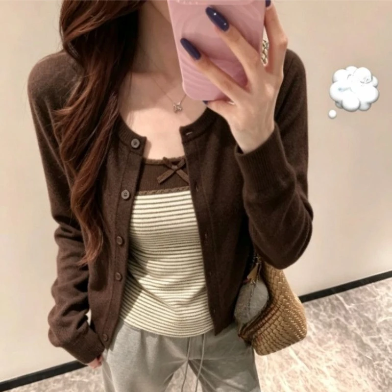 Japanese Vintage Lolita Outerwear Sets Women Sweet Stripe Cami Tops Brown Cardigan Harajuku Girls Kawaii Casual Slim Fit Outfit