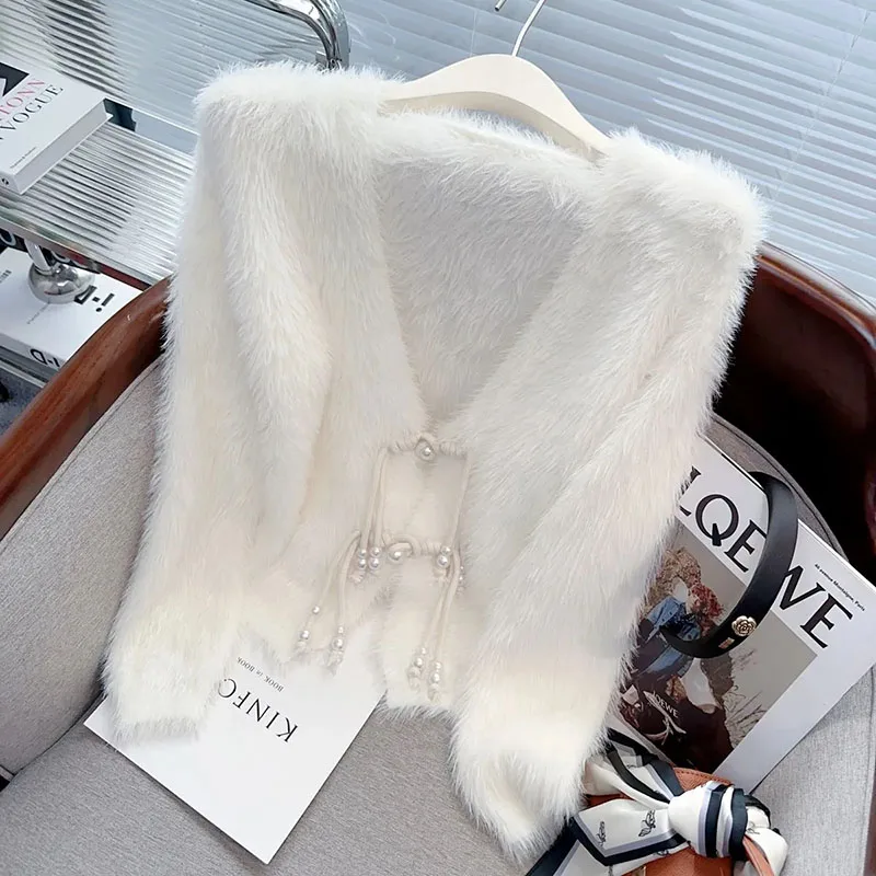 Nuevo estilo chino nacional viento borla hebilla suéter abrigo mujer Otoño Invierno imitación visón suave ceroso punto Cardigan abrigo fino