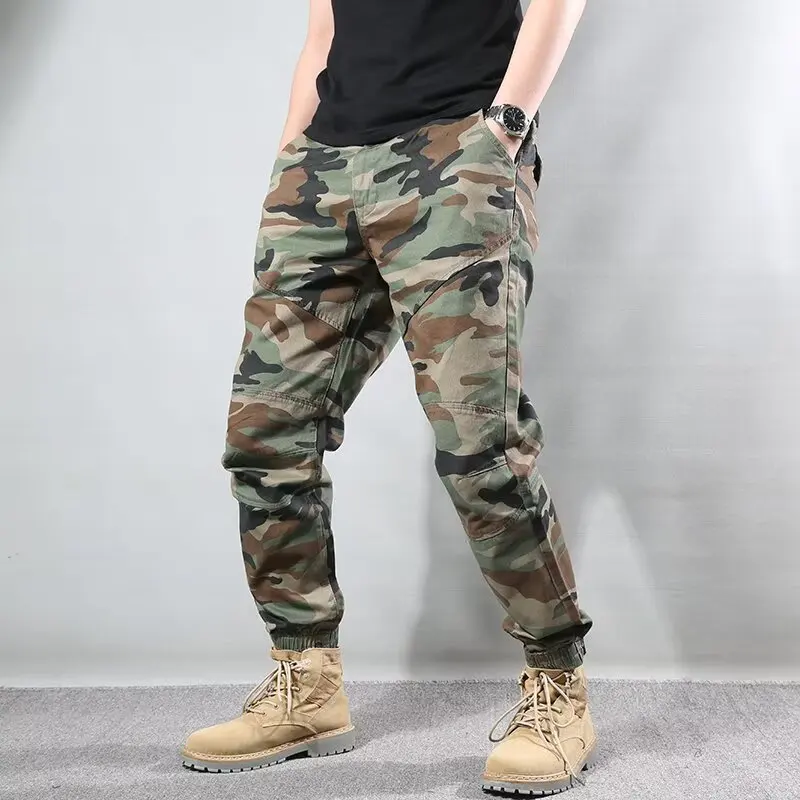 Men's Camouflage Cargo Pants Light Grey Casual Joggers Trousers Loose Fit Hiking Work Pants With Multiple Pockets Streetwear