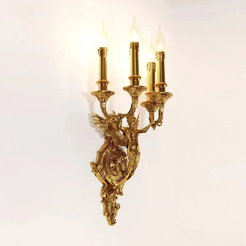 European Luxury Angel Brass Wall Lamps Candle Lights Personality Living Room Bedroom Restaurant Kitchen Metallic Luster Sconces