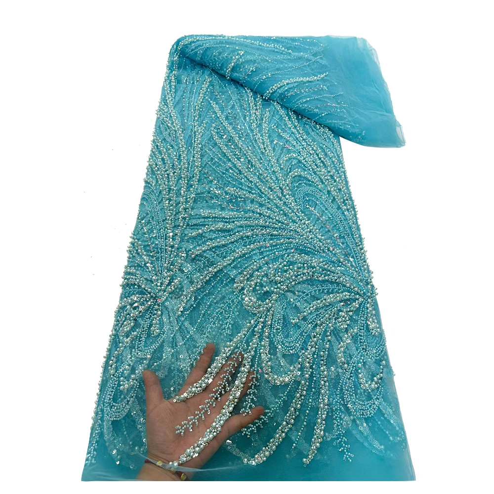 

African Sequined Beaded tulle Lace Fabric 2025 Nigerian French Bride embroidered heavy lace fabric wedding dress party dress