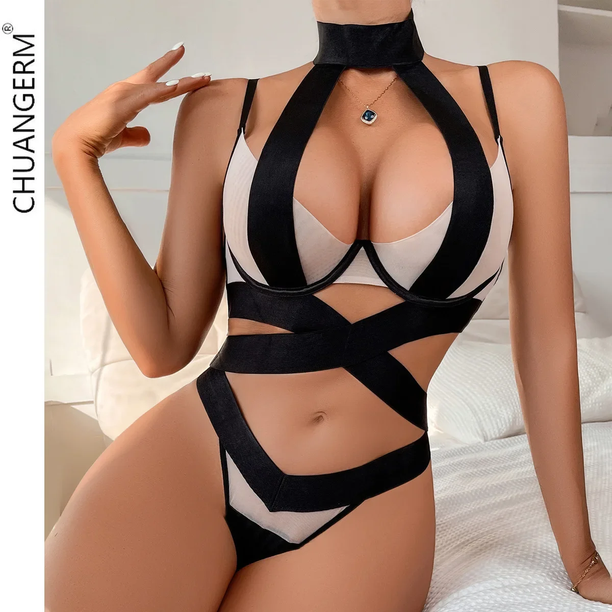 

CHUANGERM Erotic Beautiful Hollow Cross Women's Underwear Hot Bra Top Low Cut Back Lingerie Two Piece Set Sexy Panties Intimates