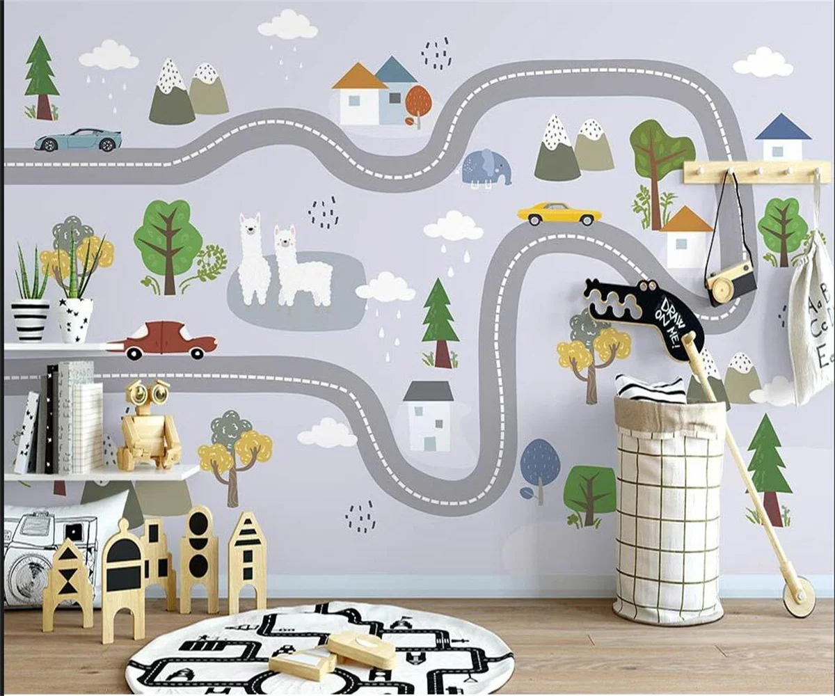 

Custom any size wallpaper Nordic hand-painted cartoon road and woods children's room background wall decorate 3d wallpaper