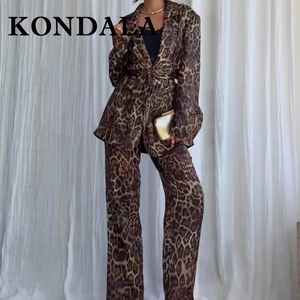 KONDALA 2025 Autumn Women Office Lady Autumn Leopard Suits Buttons Sashes Blazers+ Long Pants Elegant Modern Female Fashion Sets