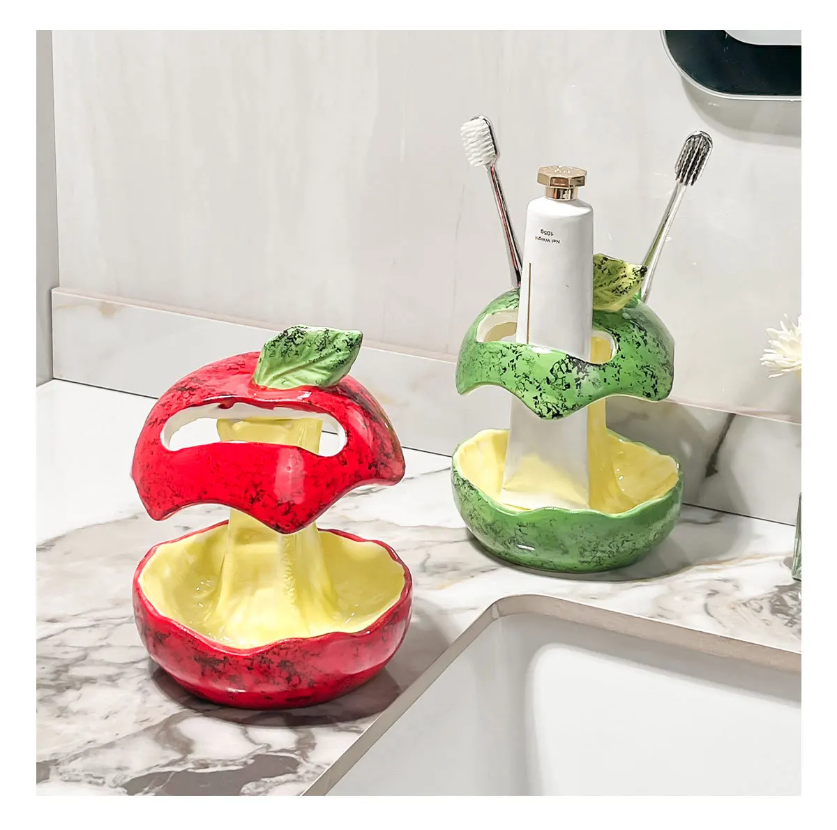 

Ceramic Storage Rack Cute Red Apple Toothbrush Toothpaste Holder Bathroom Sink Dental Appliance Storage Rack Home Decoration New