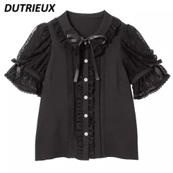 Japanese Sweet Cute Flared Short Sleeve Ribbon Bow Lace Chiffon Blouse Lolita Top Ruffled Black and White Shirt Camisa Feminina