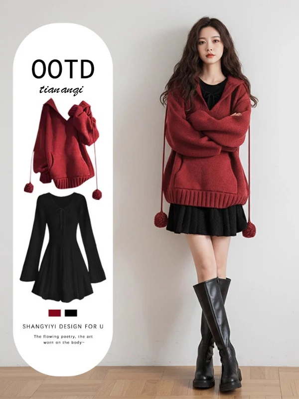 Rode Koreaanse Sle Nieuwjaar Hoed Trui Taille Cinched Dr Herfst Winter Faion Set Casual Lange Sve Hoodie Rok Ensemble