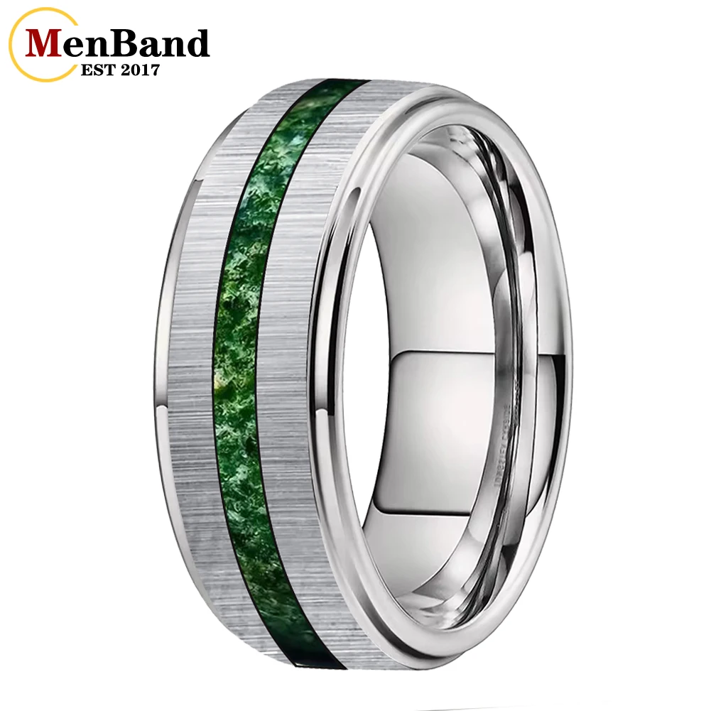 MenBand Silver 6/8MM Tungsten Finger Ring Men Women Fashion Engagement Wedding Band of Moss Agate Inlay Brushed Finish
