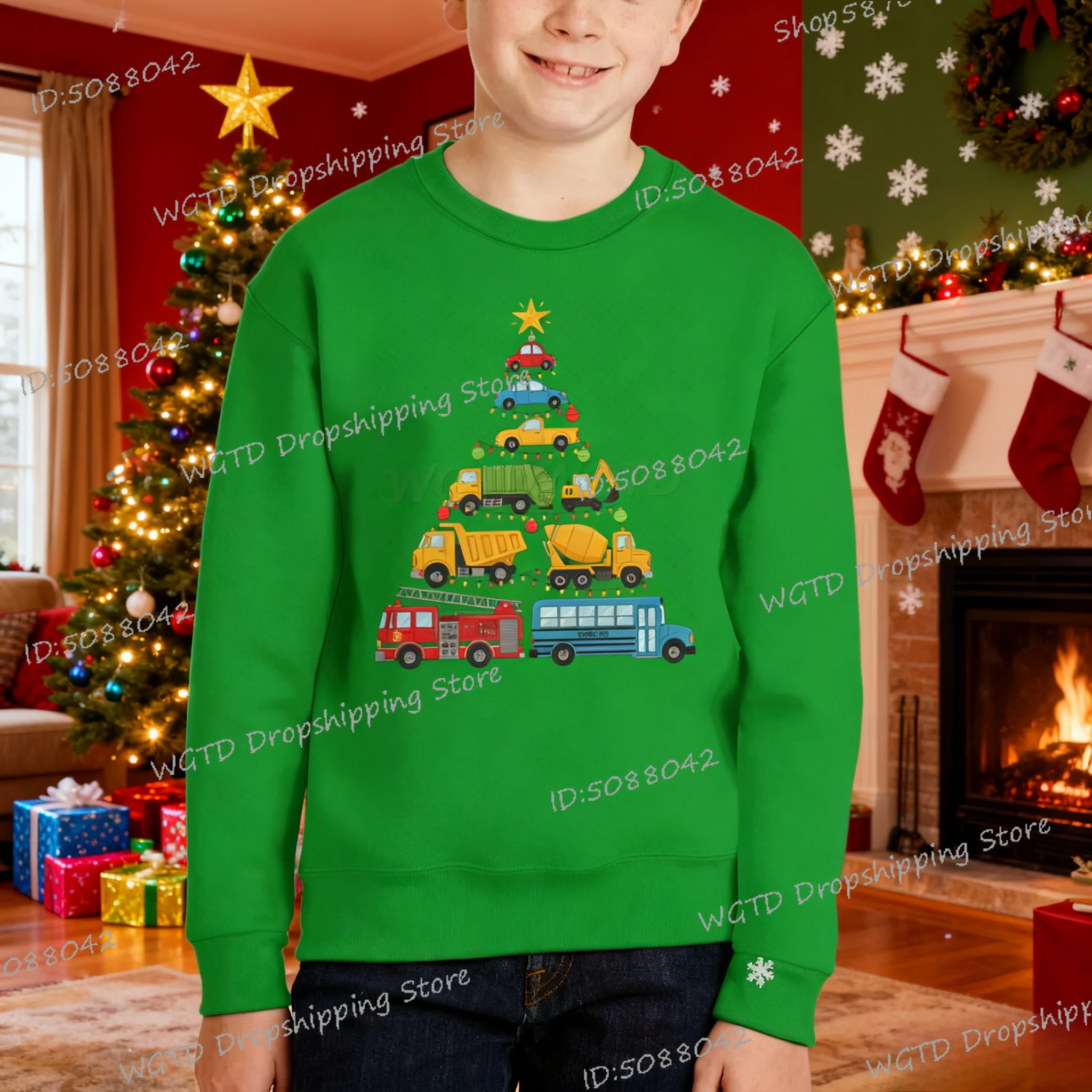 

Boys Christmas Cars Tree Long Sleeve Sweatshirts Harajuku Tractor Truck Fire Truck Print Sportswear Crewneck Kids Pullover