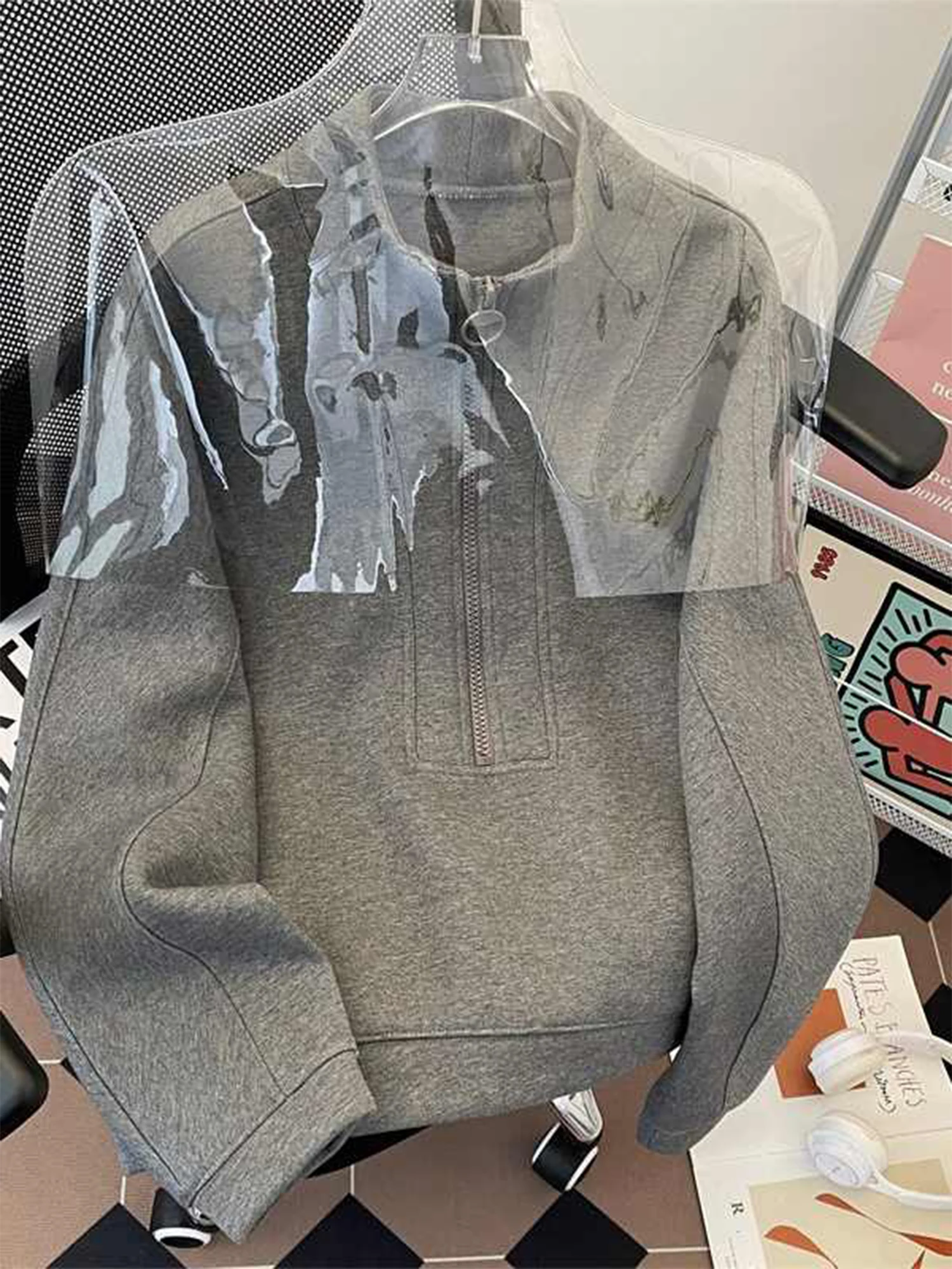 Feminino cinza zíperes moletom vintage harajuku y2k manga longa oversize moletom pulôver topo 2000s roupas de moda outono