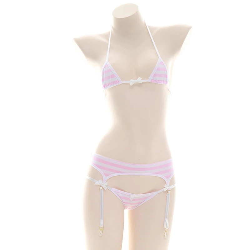 Anime Lolita Girl Blue & Pink White Stripe Bikini Set intimo privato indumenti da notte per la casa Sexy Cosplay Bandge Lingerie Set